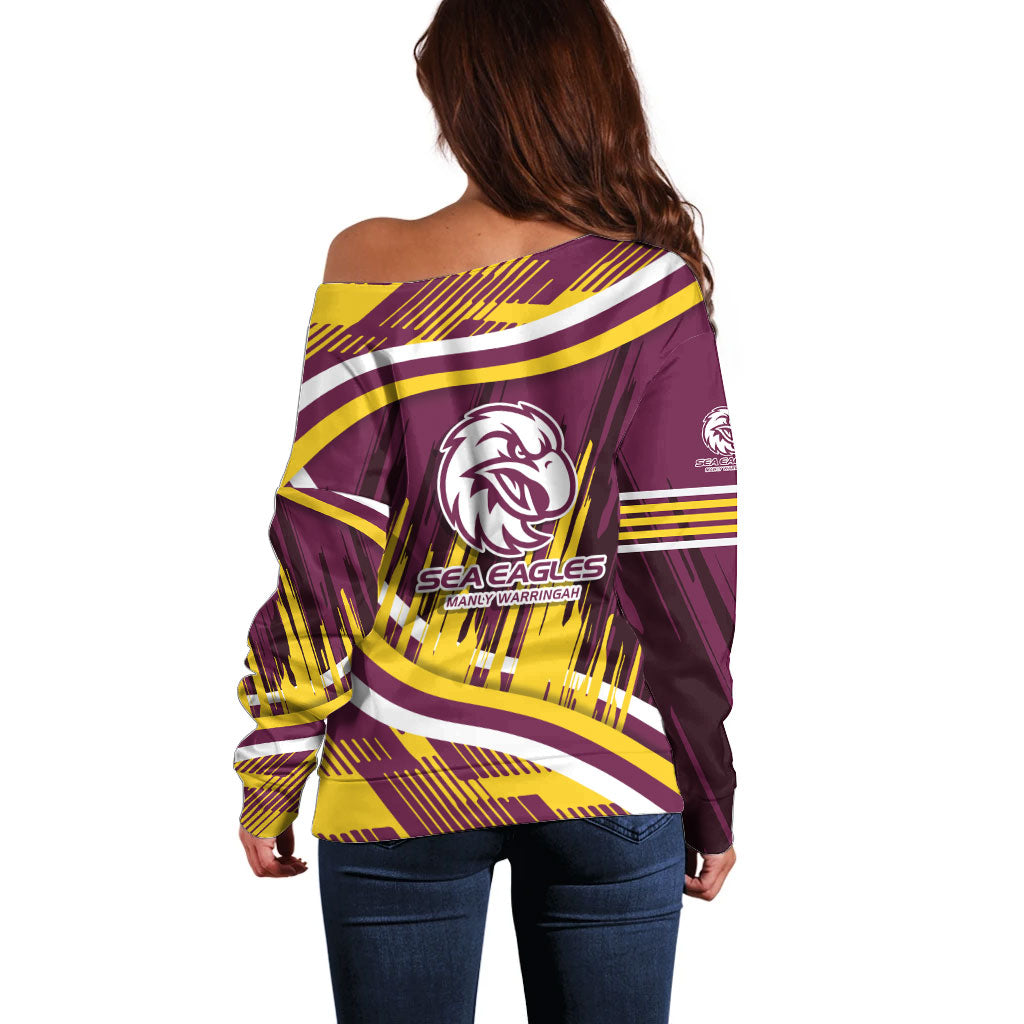Sea Eagles Rugby Mascot Off Shoulder Sweater Fierce Athlete Graphic in Sports Style