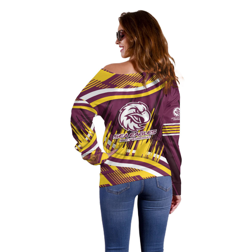 Sea Eagles Rugby Mascot Off Shoulder Sweater Fierce Athlete Graphic in Sports Style