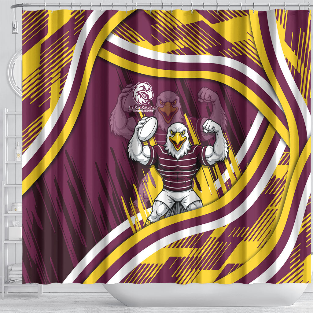 Sea Eagles Rugby Mascot Shower Curtain Fierce Athlete Graphic in Sports Style