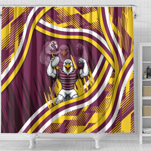 Sea Eagles Rugby Mascot Shower Curtain Fierce Athlete Graphic in Sports Style