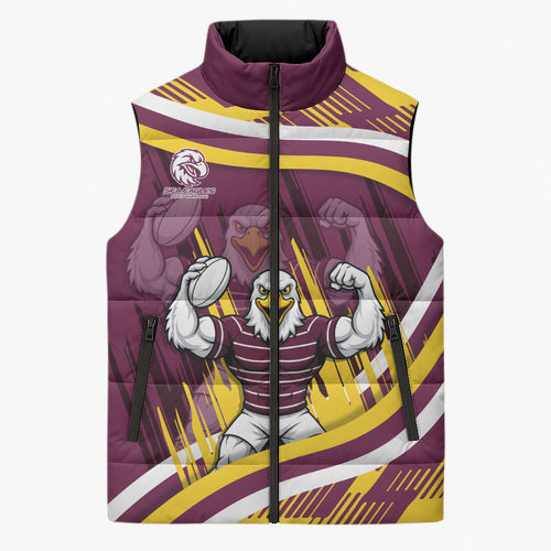 Sea Eagles Rugby Mascot Sleeveless Puffer Jacket Fierce Athlete Graphic in Sports Style