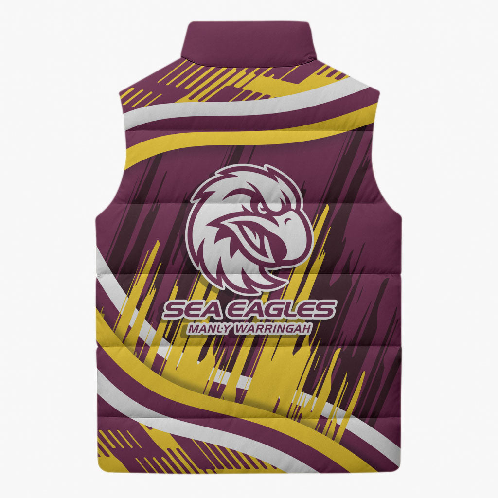 Sea Eagles Rugby Mascot Sleeveless Puffer Jacket Fierce Athlete Graphic in Sports Style