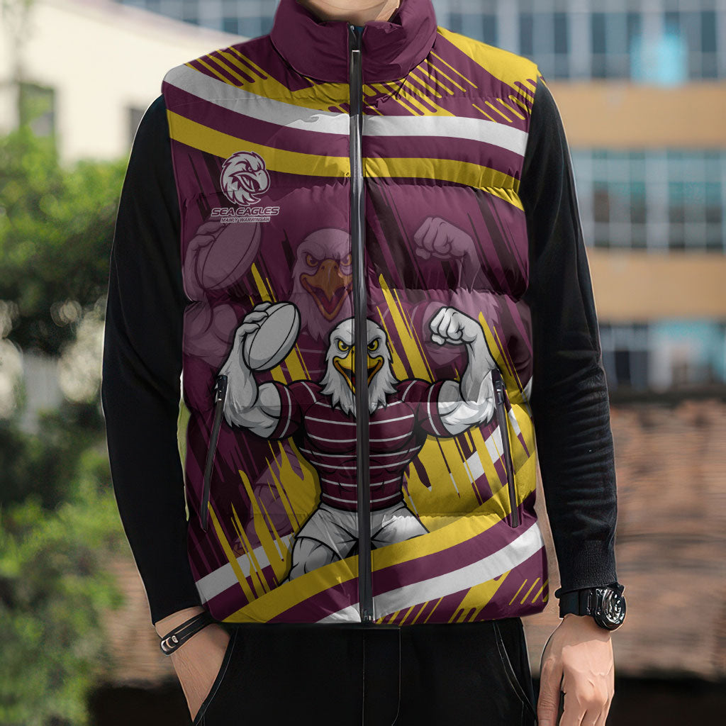 Sea Eagles Rugby Mascot Sleeveless Puffer Jacket Fierce Athlete Graphic in Sports Style