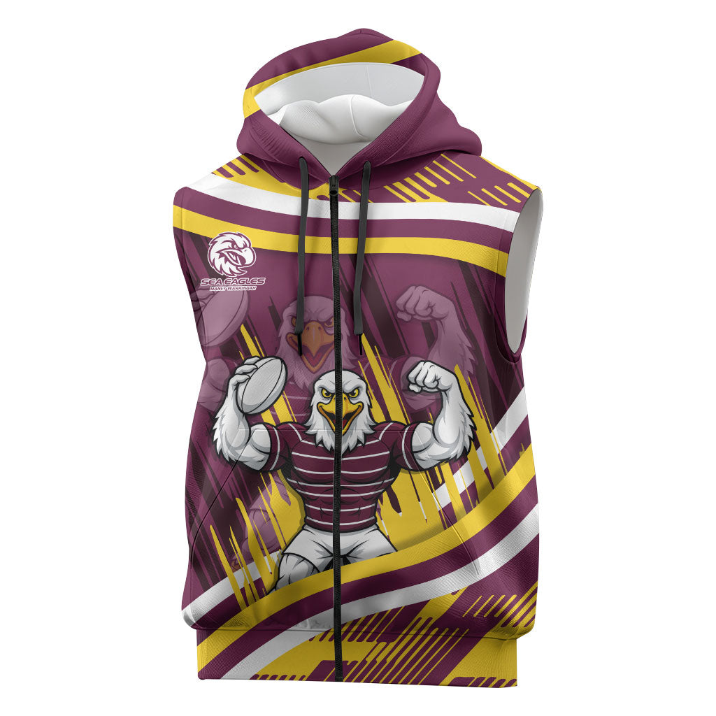Sea Eagles Rugby Mascot Sleeveless Zip Hoodie Fierce Athlete Graphic in Sports Style