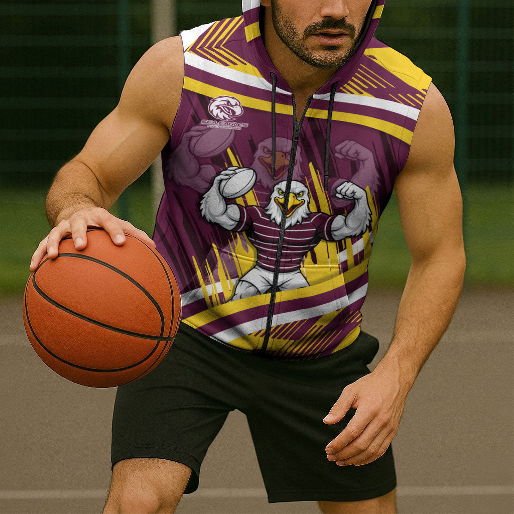 Sea Eagles Rugby Mascot Sleeveless Zip Hoodie Fierce Athlete Graphic in Sports Style