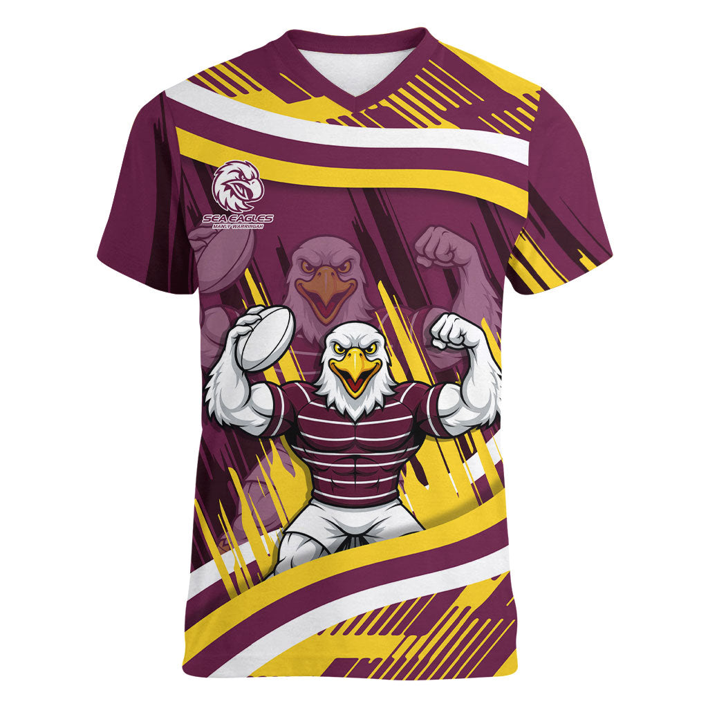 Sea Eagles Rugby Mascot Women V-Neck T-Shirt Fierce Athlete Graphic in Sports Style