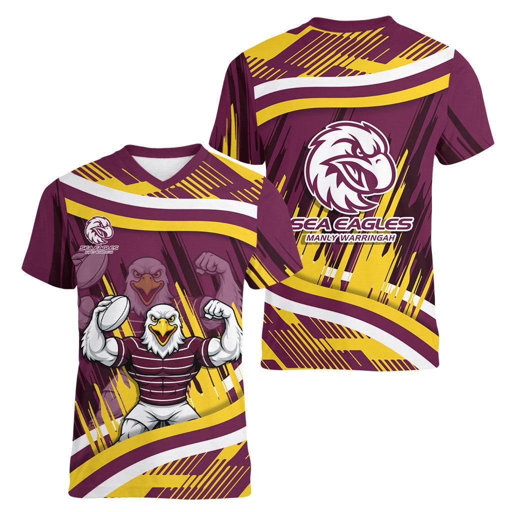 Sea Eagles Rugby Mascot Women V-Neck T-Shirt Fierce Athlete Graphic in Sports Style