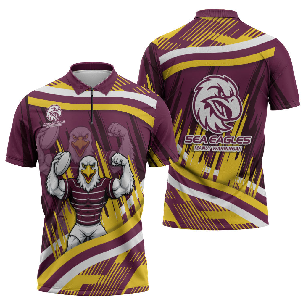 Sea Eagles Rugby Mascot Zipper Polo Shirt Fierce Athlete Graphic in Sports Style