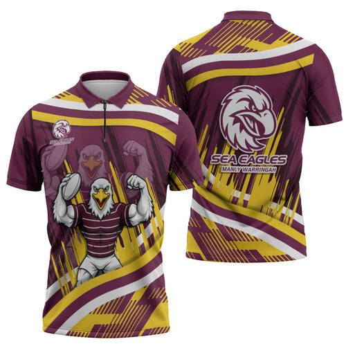 Sea Eagles Rugby Mascot Zipper Polo Shirt Fierce Athlete Graphic in Sports Style