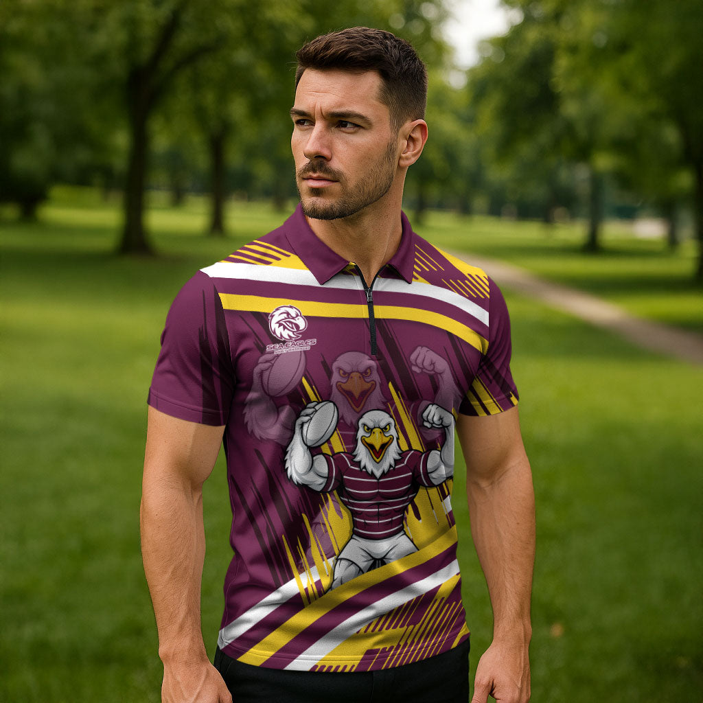 Sea Eagles Rugby Mascot Zipper Polo Shirt Fierce Athlete Graphic in Sports Style