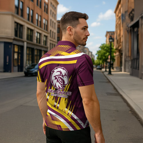 Sea Eagles Rugby Mascot Zipper Polo Shirt Fierce Athlete Graphic in Sports Style