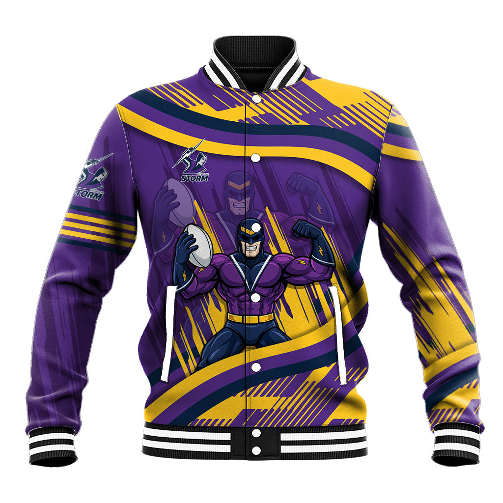 Melbourne Storm Rugby Mascot Baseball Jacket Fierce Athlete Graphic in Sports Style