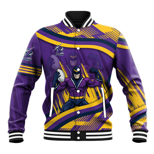 Melbourne Storm Rugby Mascot Baseball Jacket Fierce Athlete Graphic in Sports Style