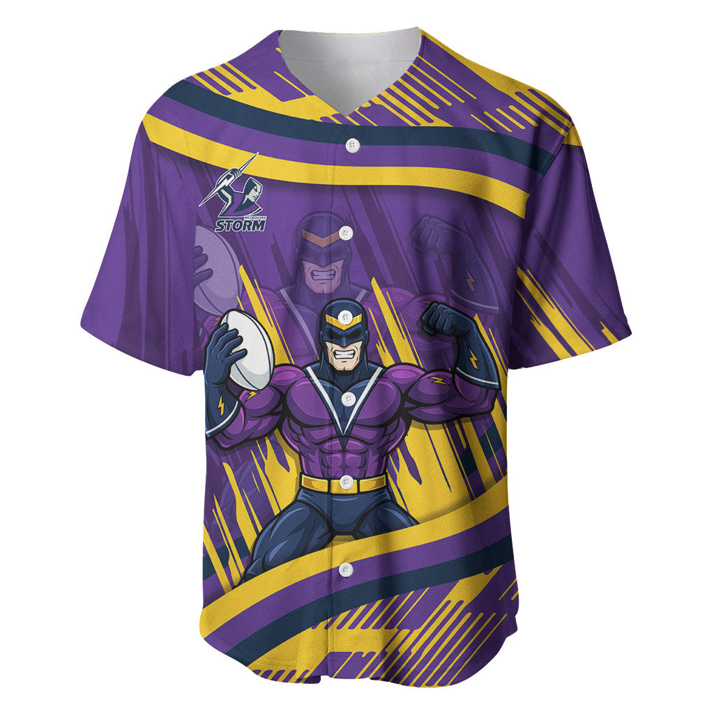 Melbourne Storm Rugby Mascot Baseball Jersey Fierce Athlete Graphic in Sports Style