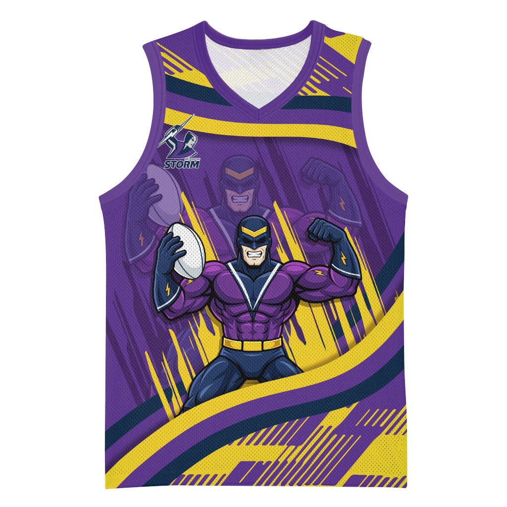 Melbourne Storm Rugby Mascot Basketball Jersey Fierce Athlete Graphic in Sports Style