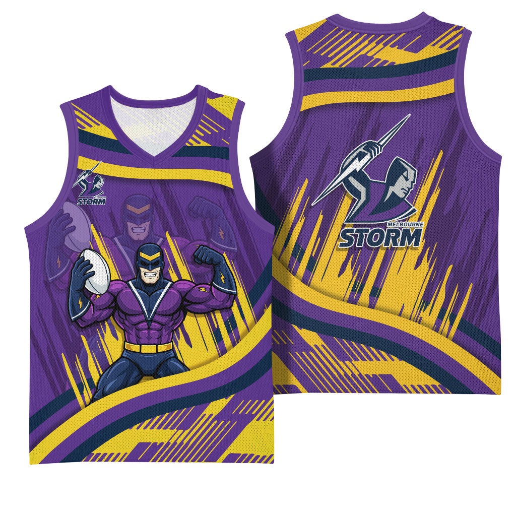 Melbourne Storm Rugby Mascot Basketball Jersey Fierce Athlete Graphic in Sports Style