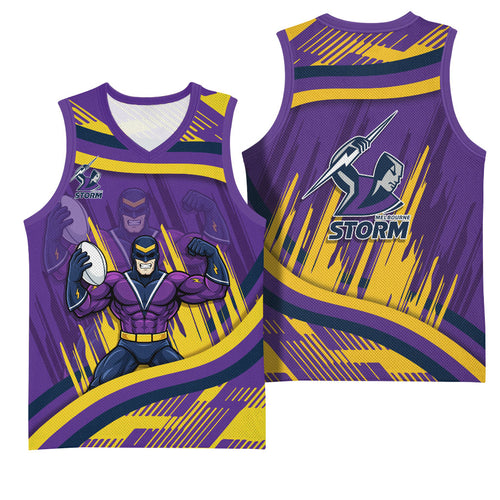 Melbourne Storm Rugby Mascot Basketball Jersey Fierce Athlete Graphic in Sports Style