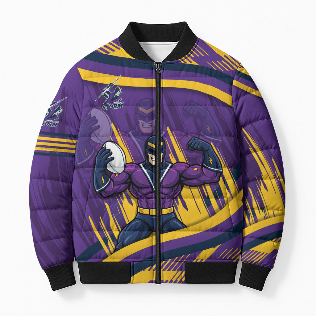Melbourne Storm Rugby Mascot Bomber Puffer Jacket Fierce Athlete Graphic in Sports Style