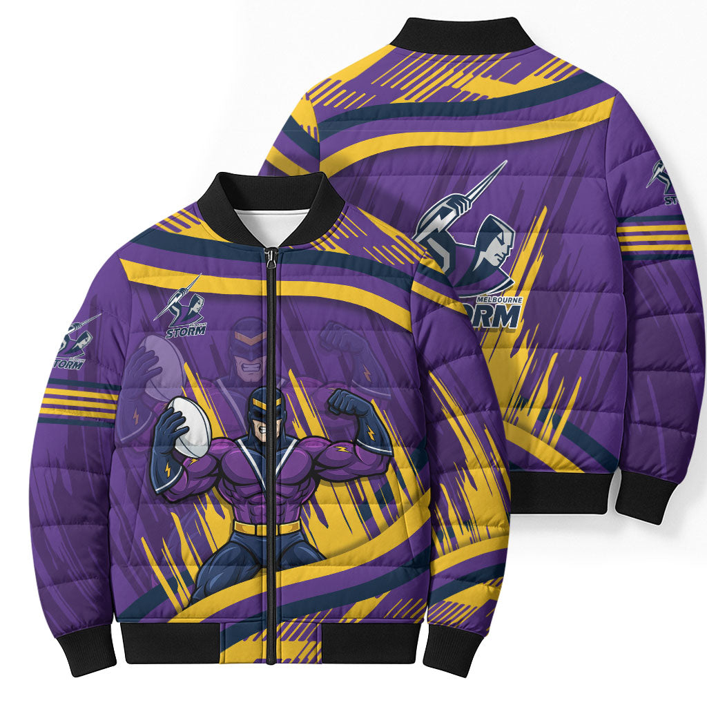 Melbourne Storm Rugby Mascot Bomber Puffer Jacket Fierce Athlete Graphic in Sports Style
