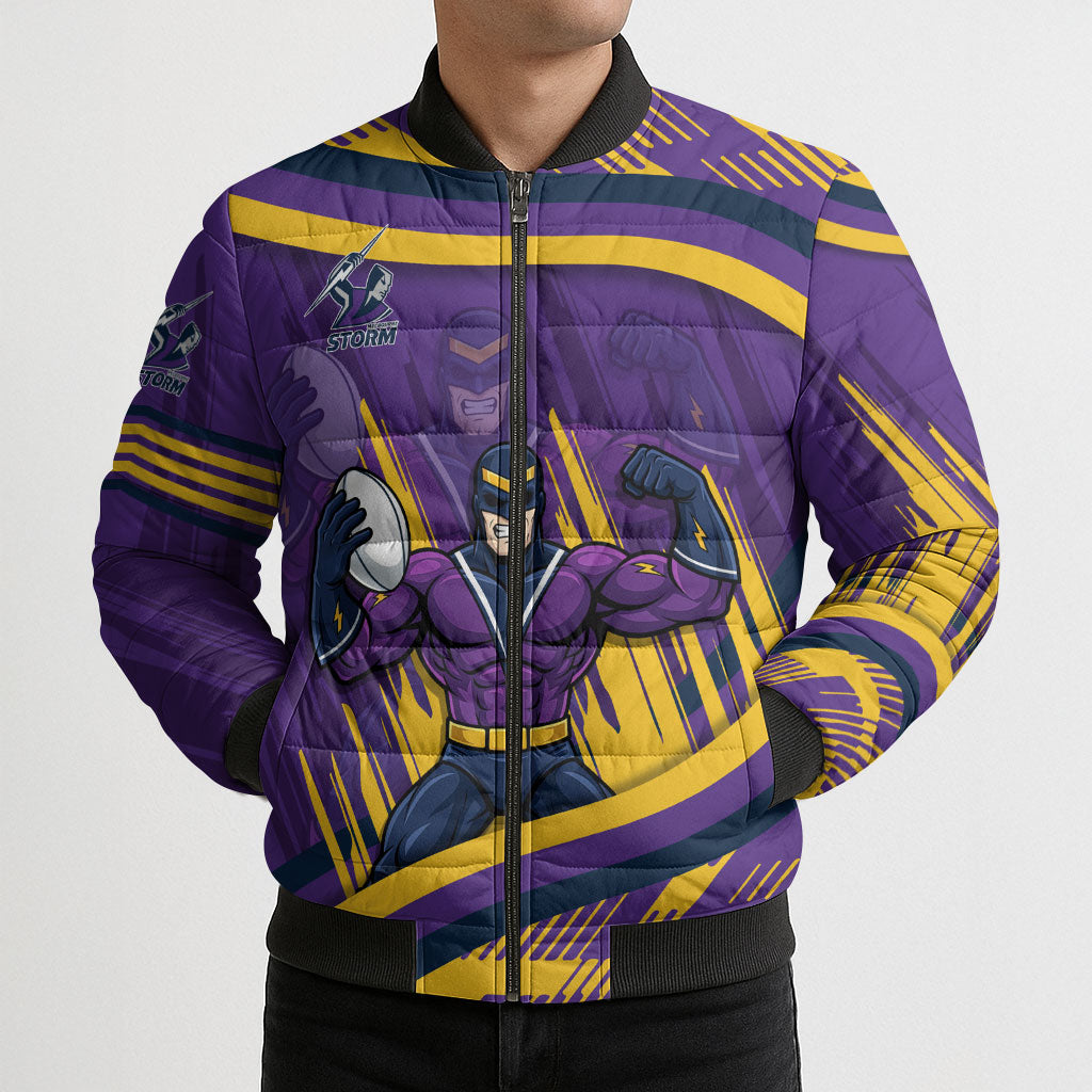 Melbourne Storm Rugby Mascot Bomber Puffer Jacket Fierce Athlete Graphic in Sports Style