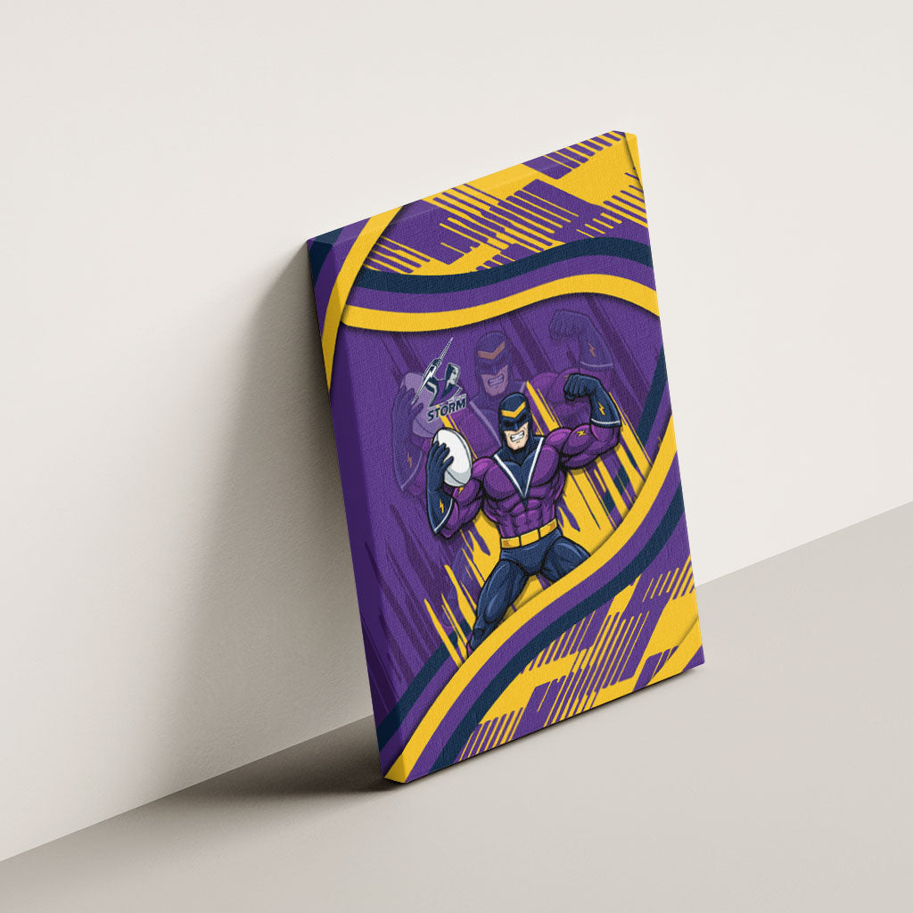 Melbourne Storm Rugby Mascot Canvas Wall Art Fierce Athlete Graphic in Sports Style
