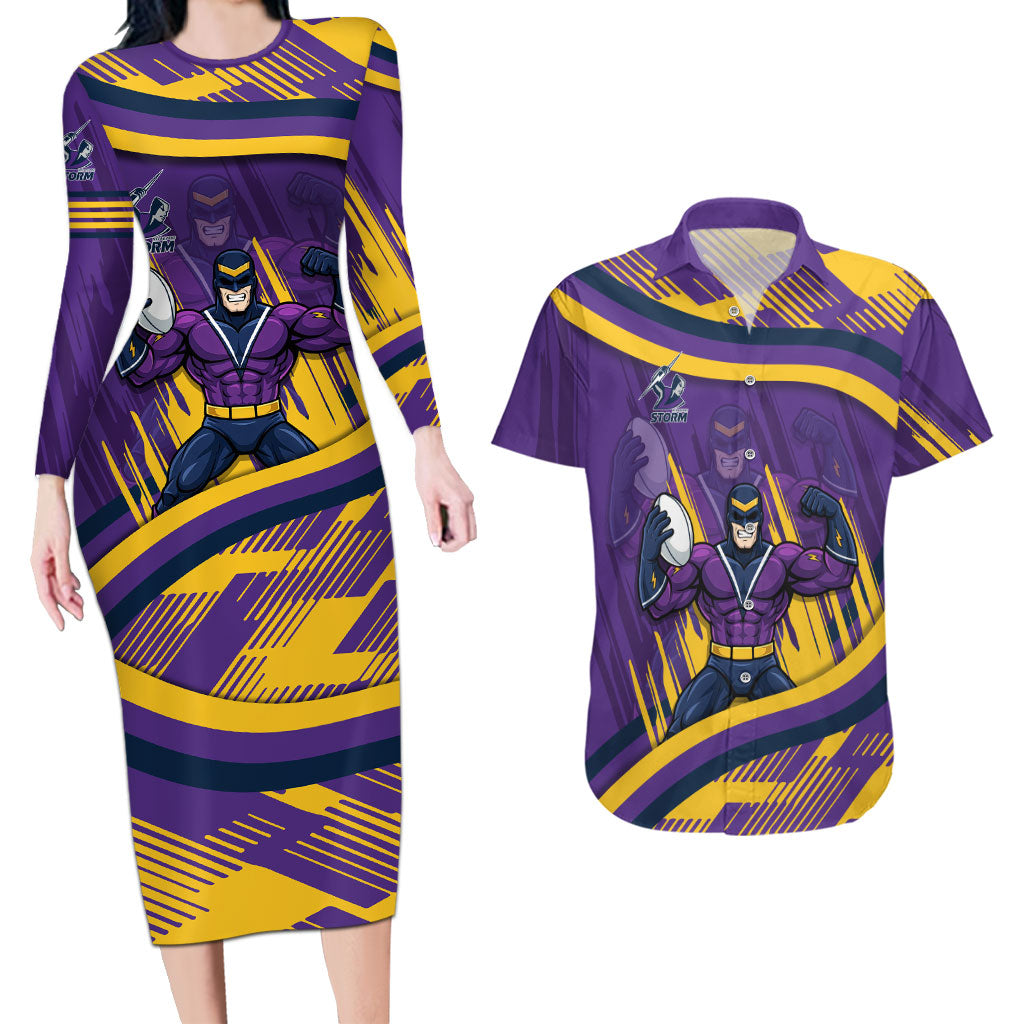 Melbourne Storm Rugby Mascot Couples Matching Long Sleeve Bodycon Dress and Hawaiian Shirt Fierce Athlete Graphic in Sports Style