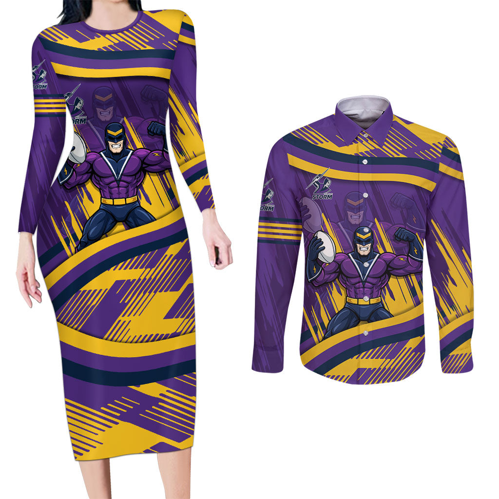 Melbourne Storm Rugby Mascot Couples Matching Long Sleeve Bodycon Dress and Long Sleeve Button Shirt Fierce Athlete Graphic in Sports Style