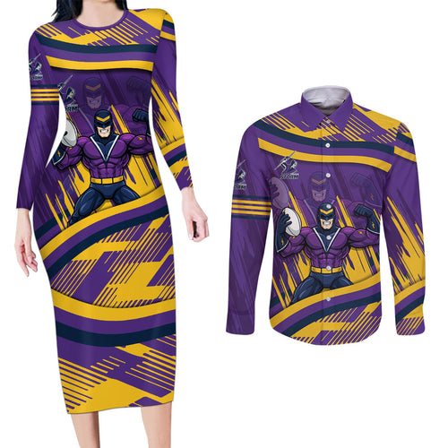 Melbourne Storm Rugby Mascot Couples Matching Long Sleeve Bodycon Dress and Long Sleeve Button Shirt Fierce Athlete Graphic in Sports Style