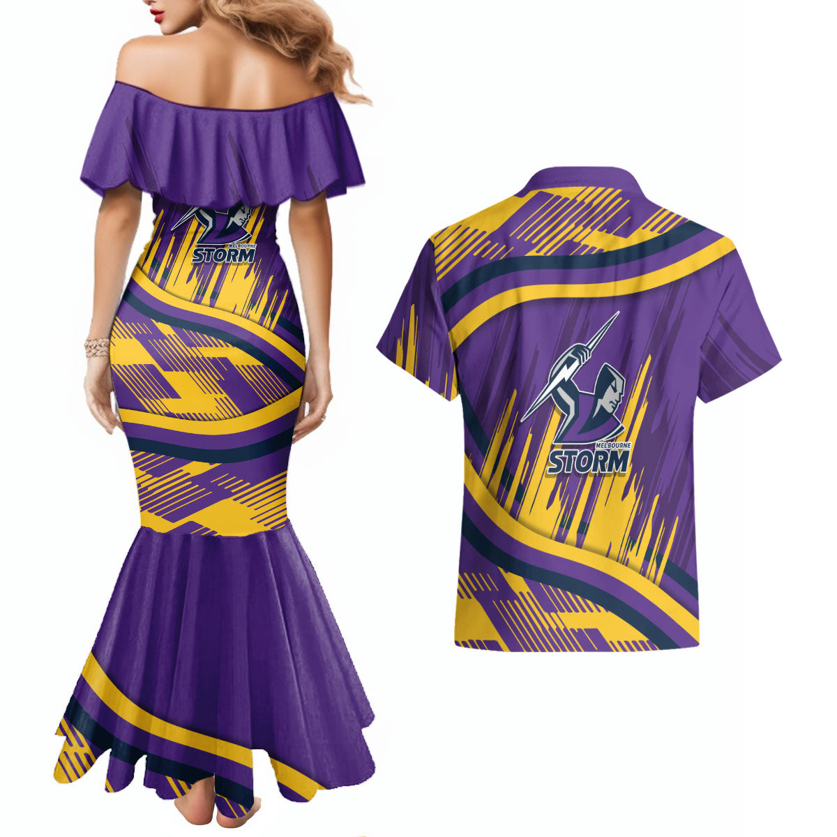 Melbourne Storm Rugby Mascot Couples Matching Mermaid Dress and Hawaiian Shirt Fierce Athlete Graphic in Sports Style