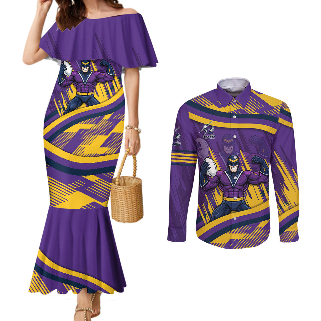 Melbourne Storm Rugby Mascot Couples Matching Mermaid Dress and Long Sleeve Button Shirt Fierce Athlete Graphic in Sports Style