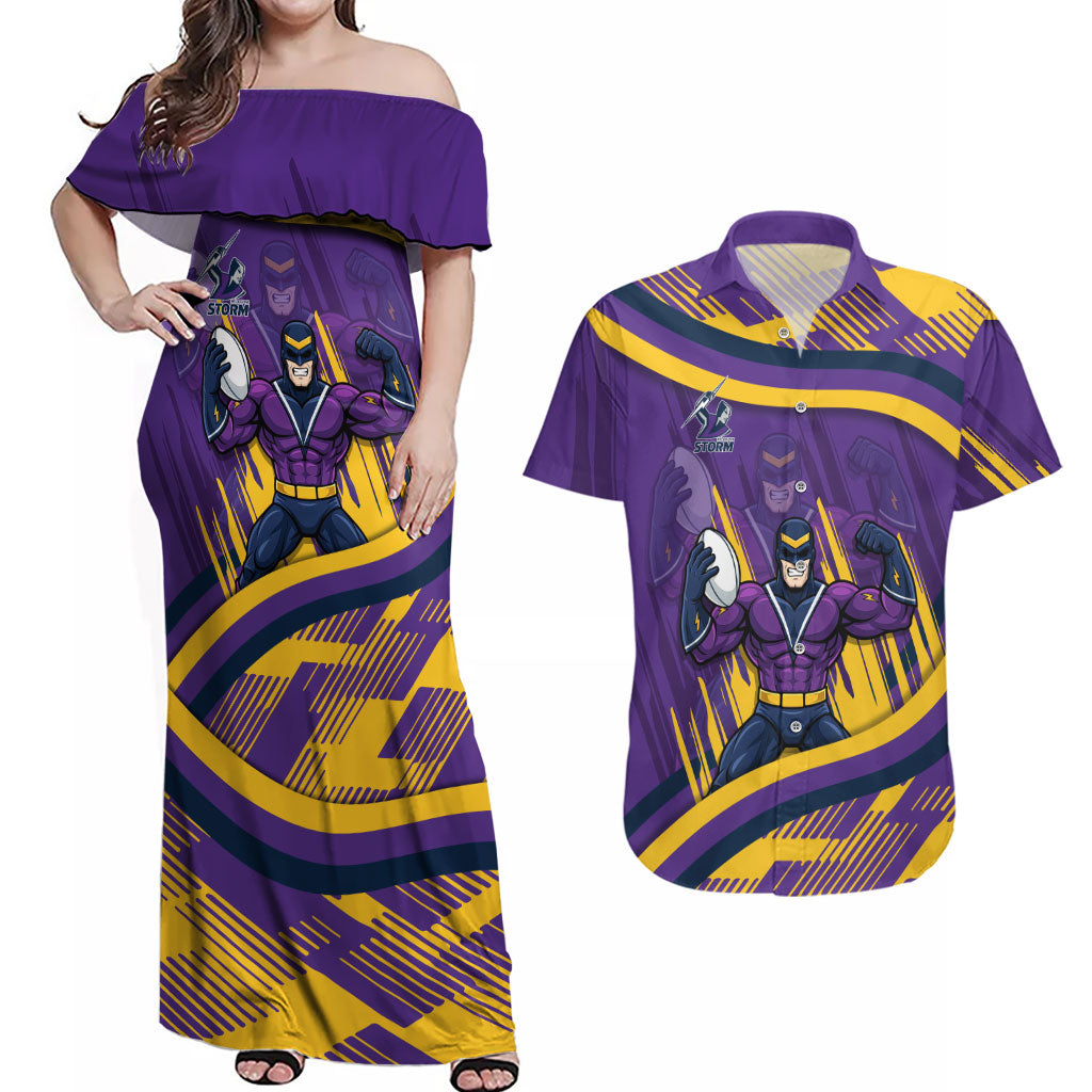 Melbourne Storm Rugby Mascot Couples Matching Off Shoulder Maxi Dress and Hawaiian Shirt Fierce Athlete Graphic in Sports Style