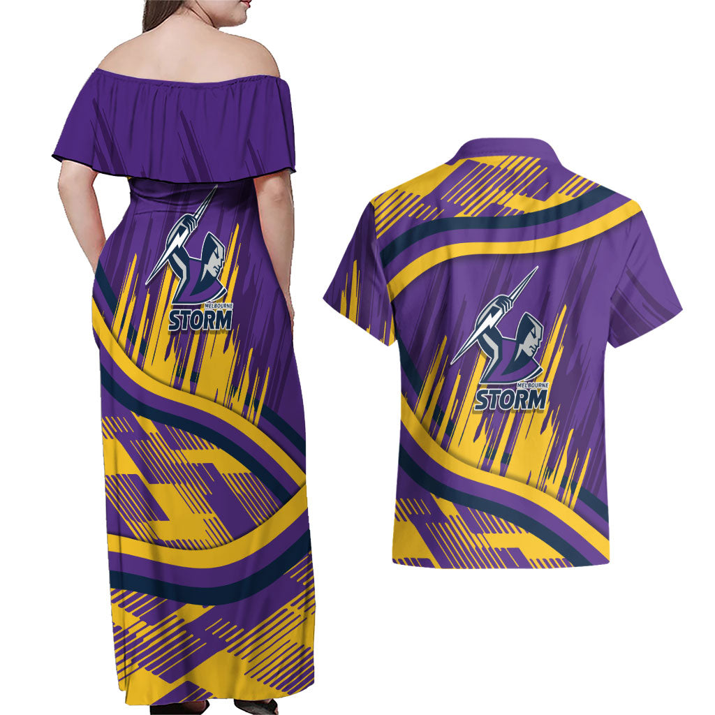 Melbourne Storm Rugby Mascot Couples Matching Off Shoulder Maxi Dress and Hawaiian Shirt Fierce Athlete Graphic in Sports Style