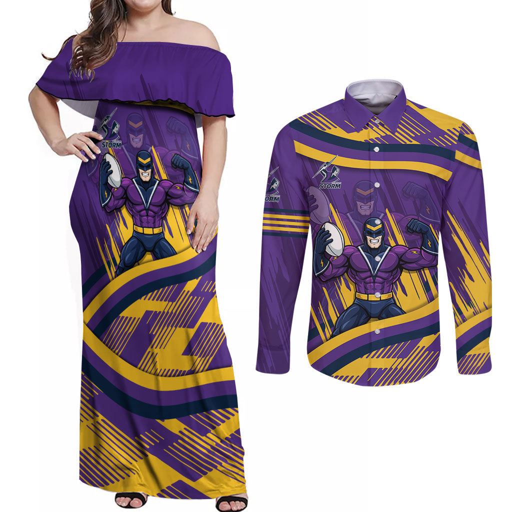 Melbourne Storm Rugby Mascot Couples Matching Off Shoulder Maxi Dress and Long Sleeve Button Shirt Fierce Athlete Graphic in Sports Style