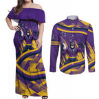 Melbourne Storm Rugby Mascot Couples Matching Off Shoulder Maxi Dress and Long Sleeve Button Shirt Fierce Athlete Graphic in Sports Style