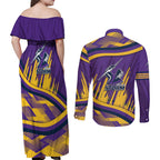 Melbourne Storm Rugby Mascot Couples Matching Off Shoulder Maxi Dress and Long Sleeve Button Shirt Fierce Athlete Graphic in Sports Style
