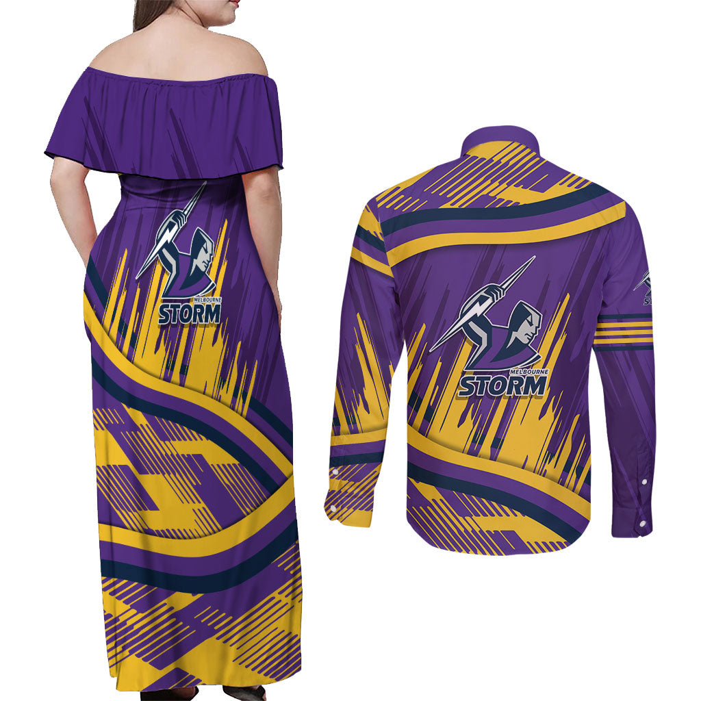 Melbourne Storm Rugby Mascot Couples Matching Off Shoulder Maxi Dress and Long Sleeve Button Shirt Fierce Athlete Graphic in Sports Style