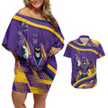Melbourne Storm Rugby Mascot Couples Matching Off Shoulder Short Dress and Hawaiian Shirt Fierce Athlete Graphic in Sports Style