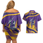 Melbourne Storm Rugby Mascot Couples Matching Off Shoulder Short Dress and Hawaiian Shirt Fierce Athlete Graphic in Sports Style