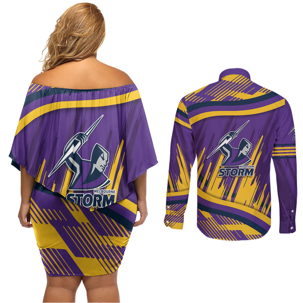 Melbourne Storm Rugby Mascot Couples Matching Off Shoulder Short Dress and Long Sleeve Button Shirt Fierce Athlete Graphic in Sports Style
