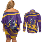 Melbourne Storm Rugby Mascot Couples Matching Off Shoulder Short Dress and Long Sleeve Button Shirt Fierce Athlete Graphic in Sports Style