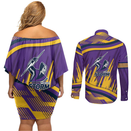 Melbourne Storm Rugby Mascot Couples Matching Off Shoulder Short Dress and Long Sleeve Button Shirt Fierce Athlete Graphic in Sports Style