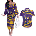 Melbourne Storm Rugby Mascot Couples Matching Off The Shoulder Long Sleeve Dress and Hawaiian Shirt Fierce Athlete Graphic in Sports Style