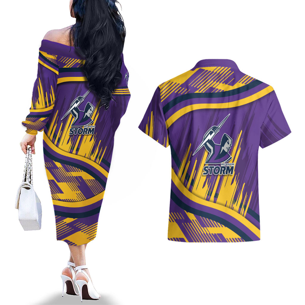 Melbourne Storm Rugby Mascot Couples Matching Off The Shoulder Long Sleeve Dress and Hawaiian Shirt Fierce Athlete Graphic in Sports Style