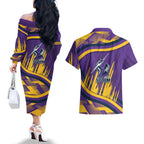 Melbourne Storm Rugby Mascot Couples Matching Off The Shoulder Long Sleeve Dress and Hawaiian Shirt Fierce Athlete Graphic in Sports Style