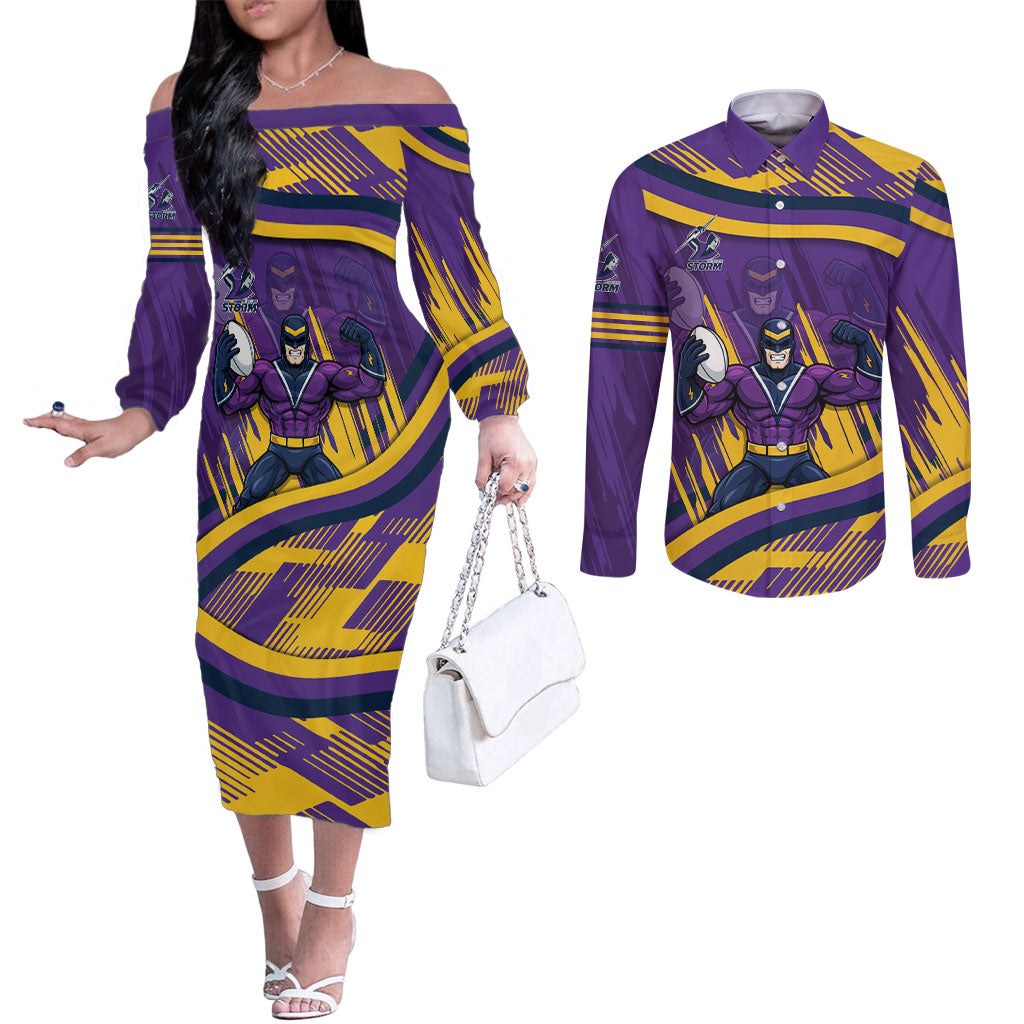 Melbourne Storm Rugby Mascot Couples Matching Off The Shoulder Long Sleeve Dress and Long Sleeve Button Shirt Fierce Athlete Graphic in Sports Style