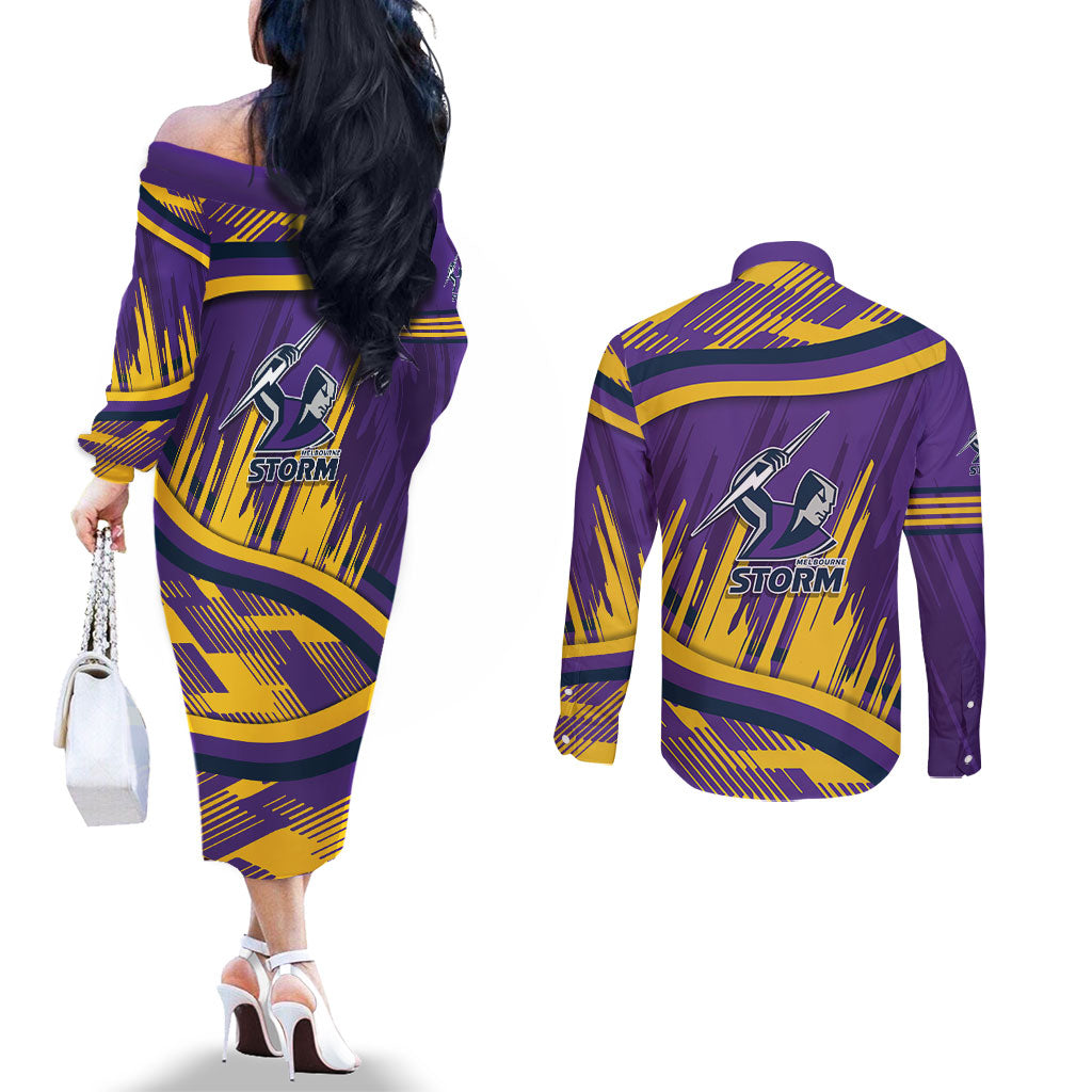 Melbourne Storm Rugby Mascot Couples Matching Off The Shoulder Long Sleeve Dress and Long Sleeve Button Shirt Fierce Athlete Graphic in Sports Style