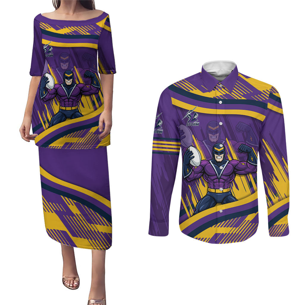Melbourne Storm Rugby Mascot Couples Matching Puletasi and Long Sleeve Button Shirt Fierce Athlete Graphic in Sports Style
