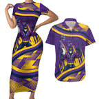 Melbourne Storm Rugby Mascot Couples Matching Short Sleeve Bodycon Dress and Hawaiian Shirt Fierce Athlete Graphic in Sports Style