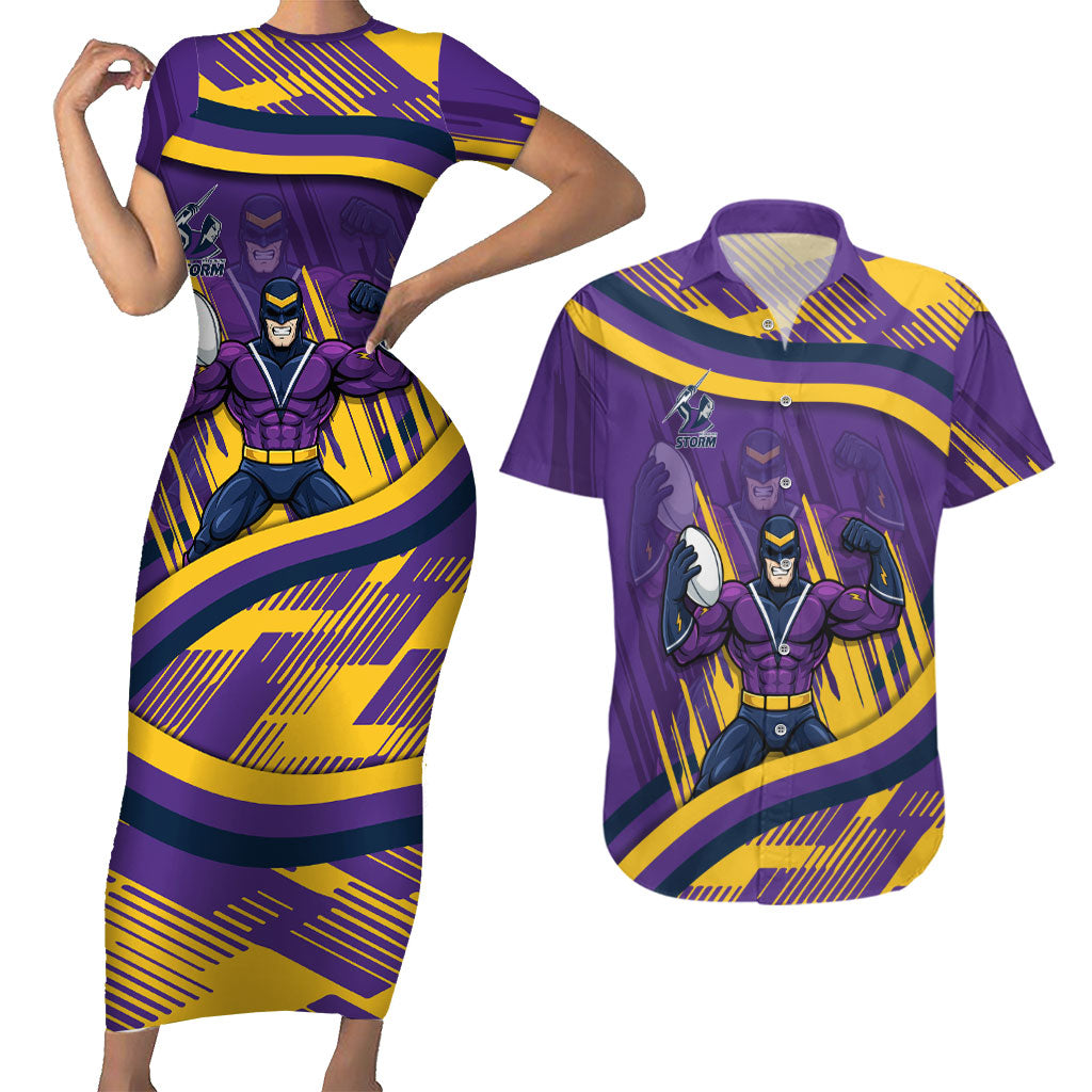 Melbourne Storm Rugby Mascot Couples Matching Short Sleeve Bodycon Dress and Hawaiian Shirt Fierce Athlete Graphic in Sports Style