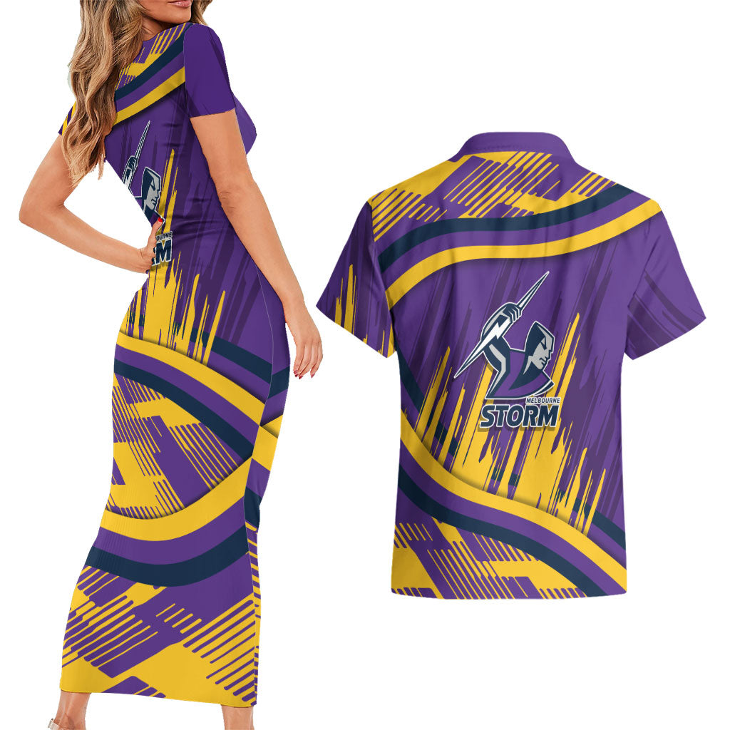 Melbourne Storm Rugby Mascot Couples Matching Short Sleeve Bodycon Dress and Hawaiian Shirt Fierce Athlete Graphic in Sports Style